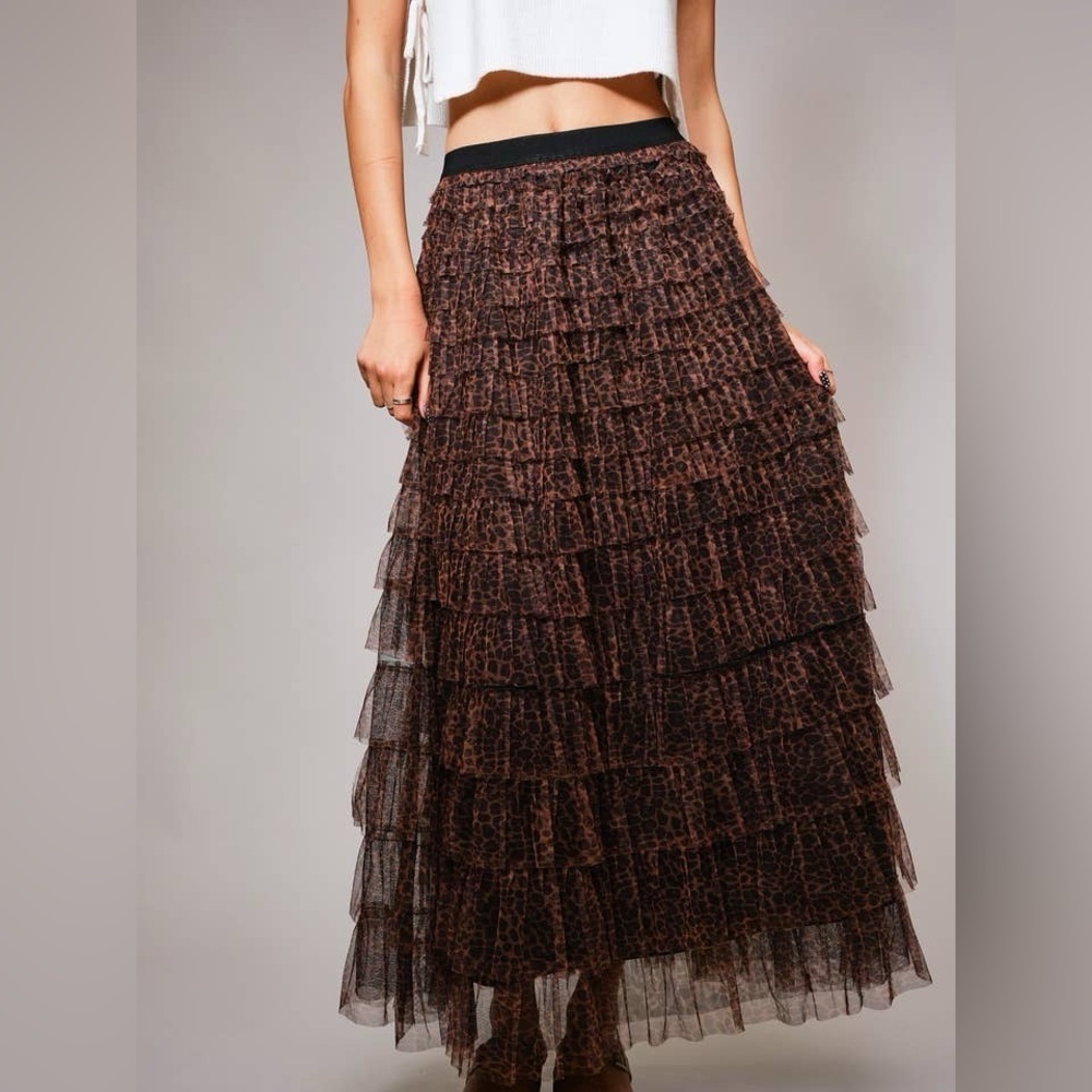 Leopard Print Tiered Ruffle Tulle Maxi Skirt - Blue B